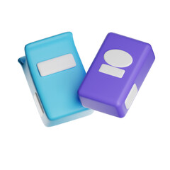 Two colorful blank packaging boxes floating on transparent background