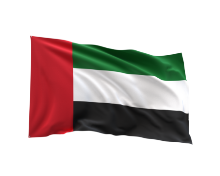 United Arab Emirates Flag: The vibrant, dynamic colors of the United Arab Emirates' flag dance gracefully in the breeze, a symbol of national pride and identity, in a photorealistic rendering.