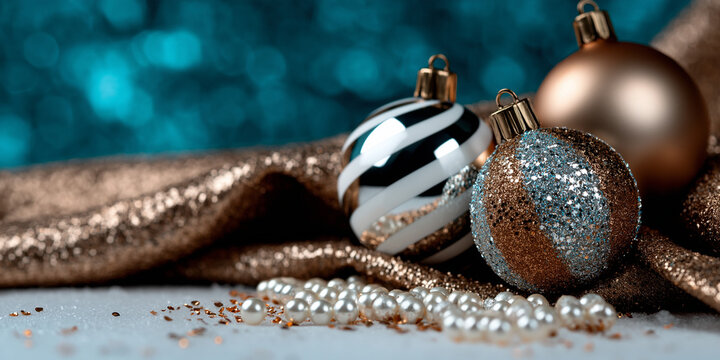 A glamorous holiday display with sparkling gold fabric, elegant Christmas ornaments in black, white, gold, and silver glitter, alongside white pearls. Ideal for festive, celebration, and luxury themes