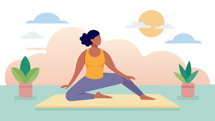 Fototapeta premium Woman doing yoga on a mat outdoors at sunrise with clouds and plants around