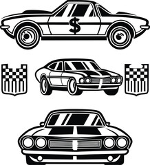 Obraz premium Muscle, car, illustration, classic, american, auto, silhouette, vector, black, white, isolated, design, vintage, retro, race, shield