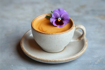 Cup of espresso with a delicate pansy flower placed on top, showcasing an artistic presentation in a modern coffee setting, Generative AI