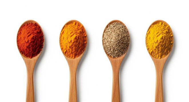 Heap of Ground Spices in Wooden Spoons &ndash; Paprika, Turmeric, Cumin, Curry