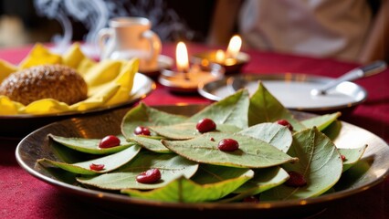 Traditional indian puja offering with leaves and cherry fruits and lit lamps