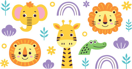 Naklejka premium Cute cartoon safari animals and elements including elephant giraffe lions and crocodile with rainbows and flowers