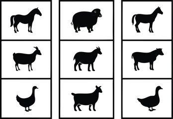 Black silhouette farm animals including horse sheep goat and goose on white background in grid vector