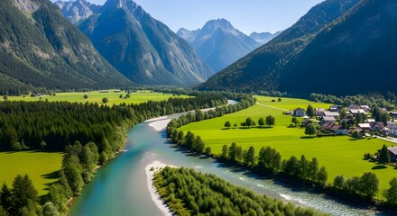 Alpine valley with winding river and village image