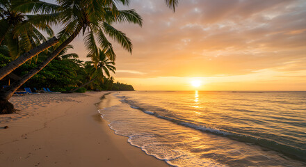 Golden Sunset Over Tropical Beach with Palm Trees and Lounge Chairs