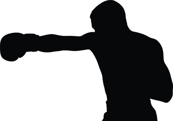 Powerful male boxer throwing a strong punch in a dynamic silhouette against a white background