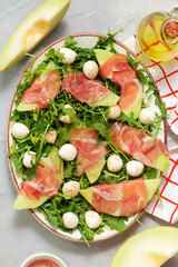 Melon Mozzarella Prosciutto Salad with Arugula..top veiw.