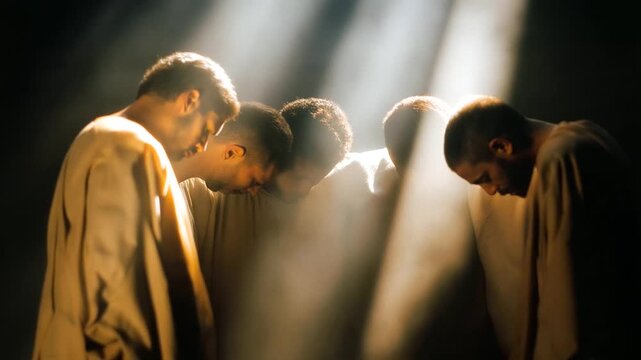 A group prays for freedom under oppression's shadow