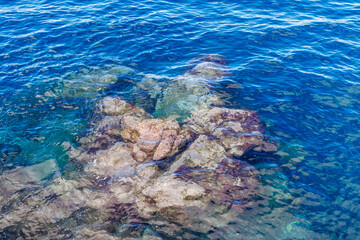 Rocks and cliffs visible underwater from the surface of the Atlantic Ocean. Madeira Island, Portugal. For background.