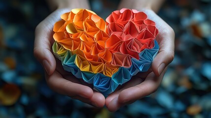 Hands gently holding a vibrant multicolored origami heart with rainbow hues symbolizing love compassion diversity hope and the universal message of kindness care and emotional support