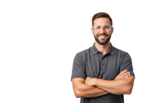 Caucasian man, mid-30s, dark grey polo, clear glasses, confident, arms crossed, genuine professional smile on transparent background with copy space, studio lighting, concept of professional