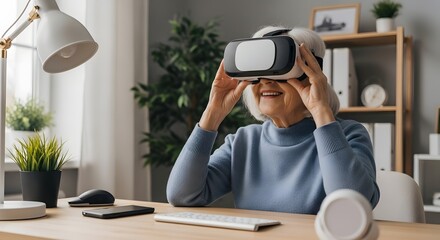 Elderly woman smiling while wearing virtual reality headset