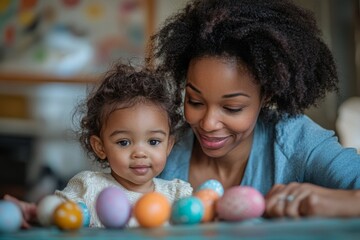 Happy family decorating Easter eggs together, capturing the joy and creativity of family traditions during the holiday season, Generative AI
