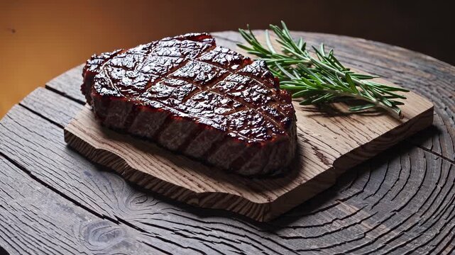Glazed square steak on small board surrounded by coarse salt, garlic cloves rosemary. Barbecue meat dish served for dinner. Beef, grill, steak, meat, pepper, cooked, food, rosemary, barbecue, dinner