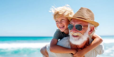 The joyful moment of a grandfather and grandson enjoying a beach day.