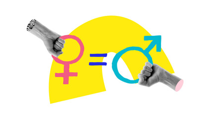 Creative collage of clenched hands holding gender symbols and equality sign over yellow arc. Concept of gender equality, inclusive rights, feminist campaigns, nonprofit awareness.