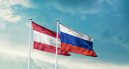 Austria and Russia friendship flags are waving in the sky. Double country Flag waving with mast. Austria Russia national flag for agreement.