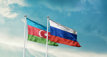 The Bahamas and Russia friendship flags are waving in the sky. Double country Flag waving with mast. The Bahamas Russia national flag for agreement.