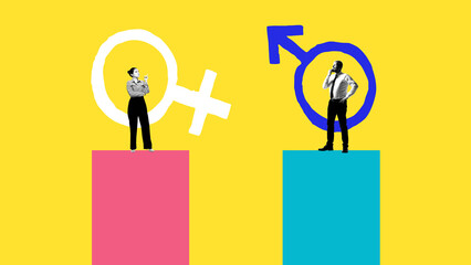 Collage of man and woman standing on gender-colored platforms with large male and female symbols....
