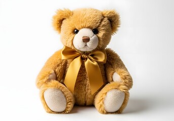 Cute brown teddy bear with golden bow sitting on white background
