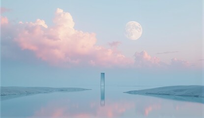 Surreal landscape with calm waters, pastel sky, two moons, and a lone doorway—a liminal space dreamscape., ultra detailed, 8k resolution, HDR, professional