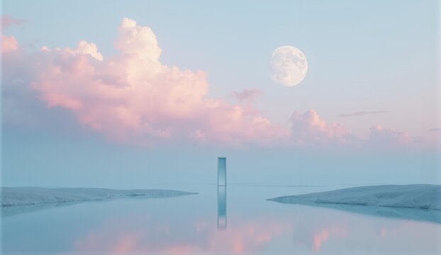 Surreal landscape with calm waters, pastel sky, two moons, and a lone doorway&mdash;a liminal space dreamscape., ultra detailed, 8k resolution, HDR, professional