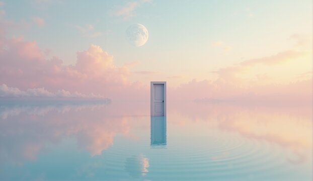 Surreal landscape with calm waters, pastel sky, two moons, and a lone doorway&mdash;a liminal space dreamscape., ultra detailed, 8k resolution, HDR, professional