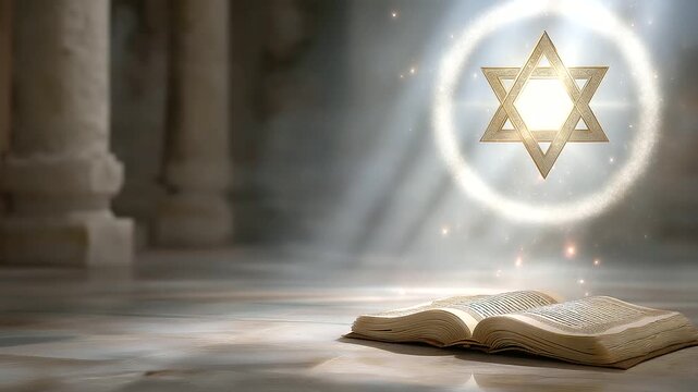 A Star of David illuminating a synagogue with a Torah symbolizing heritage