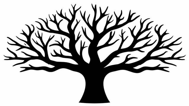 Illustration of a bare tree with many branches and a thick trunk in black silhouette against white background