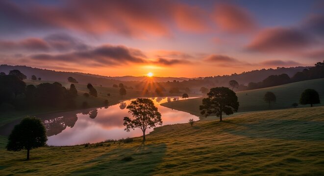 Golden sunrise over misty rolling hills and lake dawn