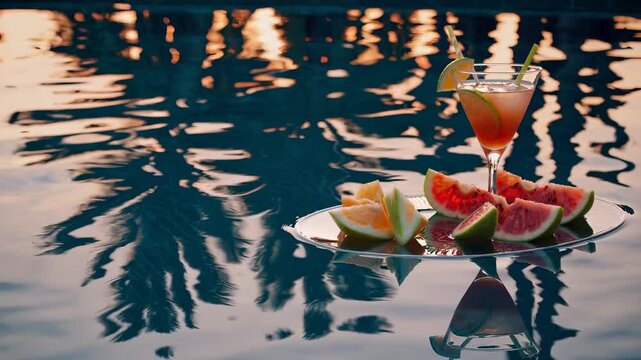 Glass of cocktail and sliced fruit float on pool. Watermelon, orange, lemon, kiwi, pineapple served with summer drink. Cocktail at sunset. Drink reflection in pool. Tropical fruit on drink tray.