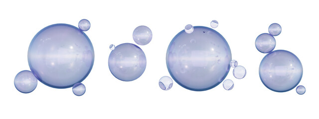 Blue water drops. Set of bubbles. 3D Soap bubble floating on transparent background. Soap transparent balloon. Render of transparent glass circle liquid object, soap water bubble with ref