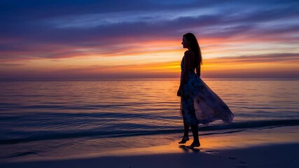 Young woman walking on a beach during a beautiful sunset. Peaceful evening ocean holiday landscape footage. - Powered by Adobe