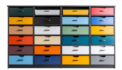 Organized storage unit with colorful plastic drawers in various shades, ideal for home or office use, enhancing organization and efficiency isolated on transparent background 