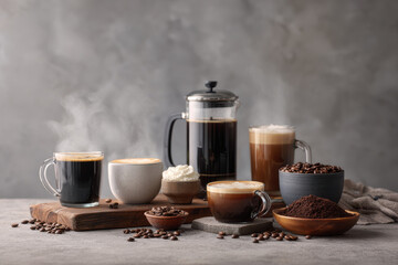 Fototapeta premium captivating arrangement showcasing various coffee beans and beverages artfully prepared