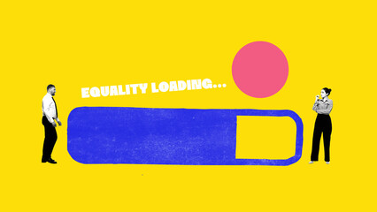 Collage of man and woman facing progress bar with equality loading text on yellow background....