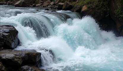 Fototapeta premium Whitewater rapids surge powerfully over mossy rocks, frozen in time by a fast shutter speed, showcasing intricate water details., ultra detailed, 8k resolution, HDR, professional