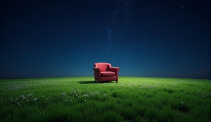 Whimsical indoor scene with a grassy floor, wildflower meadow, and a stunning starry night sky ceiling; cozy armchair central., ultra detailed, 8k resolution, HDR, professional