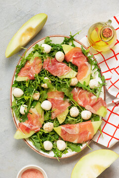 Melon Mozzarella Prosciutto Salad with Arugula..top veiw.