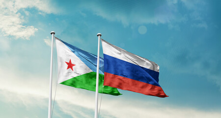 Djibouti and Russia friendship flags are waving in the sky. Double country Flag waving with mast. Djibouti Russia national flag for agreement.