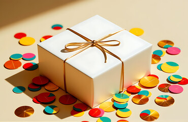 delicate white gift box wrapped beige ribbon tied thin gold string lies atop bed colorful confetti warm soft natural