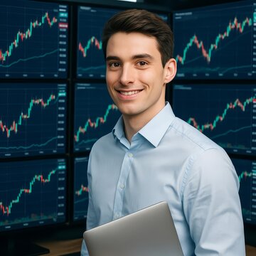 Confident Trader Analyzing Stock Market Trends for Investment Success and Financial Growth. Use for Business, Finance and Technology Marketing Materials.