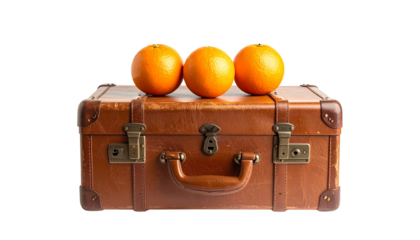 Three oranges atop a vintage suitcase Isolated on solid white background in Png