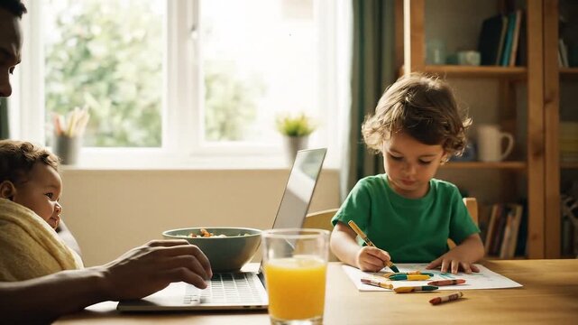 young Black father, an African dad in his early 30s, works remotely or attends an online class from his cozy home office. He sits at a kitchen table with a warm, sunlit background, using a laptop