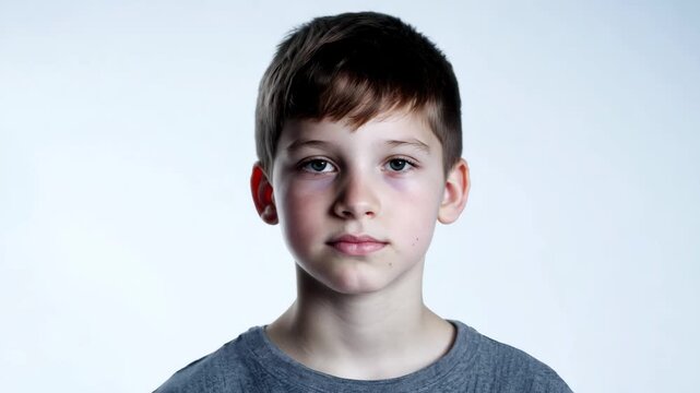 Horizontal video serious emotionless schoolboy in grey t-shirt on white background