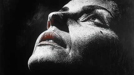 Black and white closeup of a textured face looking upward with subtle red lips and strong contrast conveying emotion introspection and the power of artistic portrait expression