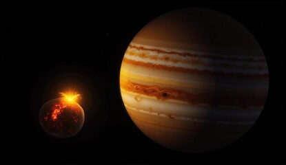 Volcanic eruption on Jupiter&rsquo;s moon Io, showcasing vibrant yellow & orange sulfur plumes against a backdrop of Jupiter and deep space., ultra detailed, 8k resolution, HDR, professional